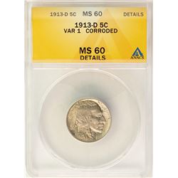 1913-D Variety 1 Buffalo Nickel Coin ANACS MS60 Details