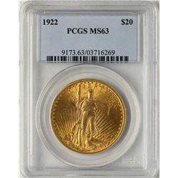 1922 $20 St. Gaudens Double Eagle Gold Coin PCGS MS63