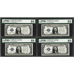 (4) Consecutive 1928B $1 Funnyback Silver Certificate Notes PMG Choice Unc. 64EP