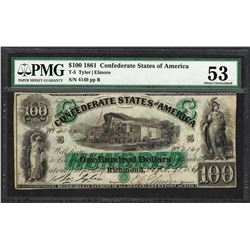 1861 $100 Confederate States of America Note T-5 PMG About Uncirculated 53