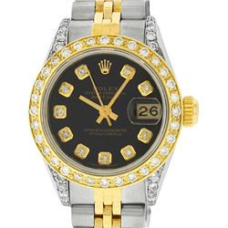 Rolex Ladies Two Tone 14K Black Diamond Lugs Datejust Watch