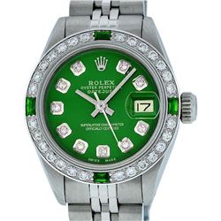 Rolex Ladies Stainless Steel Green Diamond & Emerald 26MM Datejust Watch