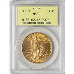 1911-D $20 St. Gaudens Double Eagle Gold Coin PCGS MS62 Old Green Holder