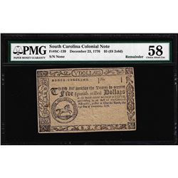 December 23, 1776 South Carolina $5 Colonial Currency Note PMG Choice About Unc.