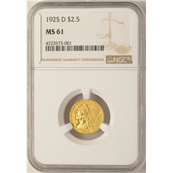 1925-D $2 1/2  Indian Head Quarter Eagle Gold Coin NGC MS61