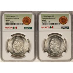 Lot of (2) 1957Mo Mexico 5 Pesos Constitution Centennial Silver Coins NGC MS65