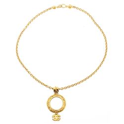 Chanel Gold Chain CC Round Magnify Glass Drop Pendant Vintage Necklace 95A