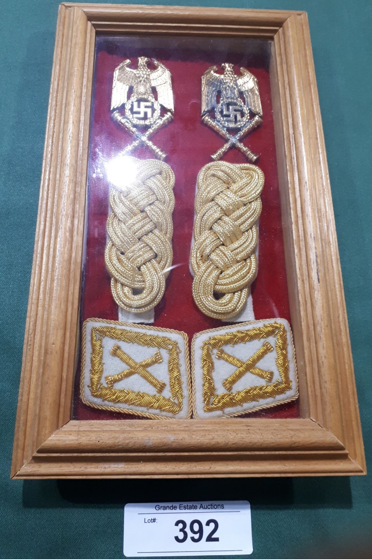 WWII NAZI PIN & SHOULDER BARS IN DISPLAY CASE - REPRODUCTION