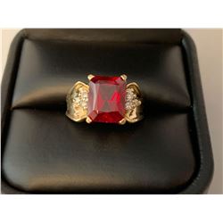 Ladies 10KT Gold Emerald Cut 5.46 carat Ruby Solitaire ring with diamonds. (19-SH1101). Appraisal Ce