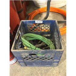 Crate with gas hose and assorted items