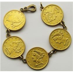 5 - $5 GOLD COIN BRACELET; 1881, 1885-S, 1895,