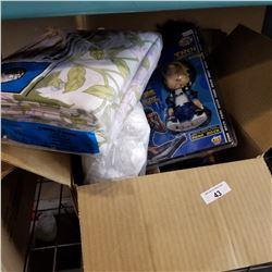 BOX OF NEW BED SHEET, BOBBLEHEAD AND MORE