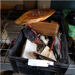TRAY OF TOOLS, WOOD CLOCK AND MORE