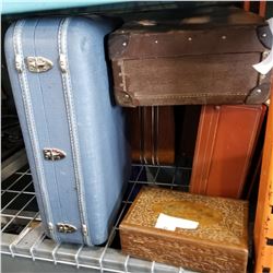 LOT OF LEATHER CASES AND CARVED WOOD BOX