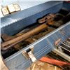 Image 2 : BLUE METAL TOOL BOX W/ PIPE WRENCHES, HAMMERS, ETC