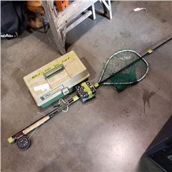 FLY ROD AND REEL W/ SMALL NET AND PLANO TACKLE BOX W/ CONTENTS