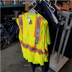 4 HI VIS SAFETY VESTS AND 6 WORK PANTS
