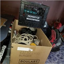 BLACK CRATE OF TOOLS AND BOX OF WHEELS AND ROPE