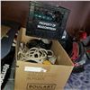 Image 1 : BLACK CRATE OF TOOLS AND BOX OF WHEELS AND ROPE