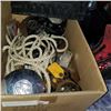 Image 3 : BLACK CRATE OF TOOLS AND BOX OF WHEELS AND ROPE