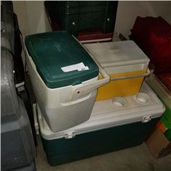 LOT OF COLEMAN COOLERS AND TOOL BOX STEP