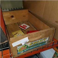 CIGARETTE TINS AND ROLLER AND WOOD BC FRUIT CRATE