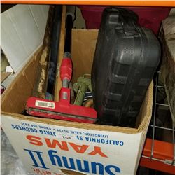 PRO PULSE CORDLESS DRILL, 2 JACK STANDS, AND TOTE AND BOX OF TOOLS