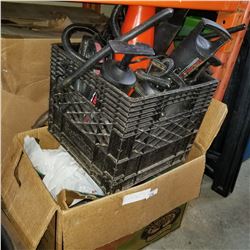 BOX OF TOOLS AND LIGHTS AND CRATE OF HAND PUMPS