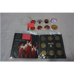 SET OF 8 COCA COLA POGS AND COCA COLA COIN SET FOR SALT LAKE WINTER OLYMPICS 2002