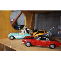 LOT OF DIE CAST AND PLASTIC CARS AND MOTORCYCLES