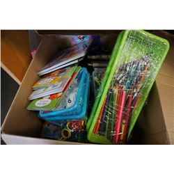 BOX OF KIDS TOYS, PENCIL CRAYONS, LETTERS, AND BOOKS