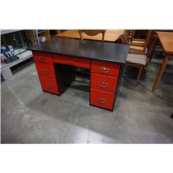 RED AND BLACK PAINTED DOUBLE PEDESTAL DESK