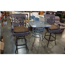 GLASS TOP BAR HEIGHT PATIO TABLE AND 2 PATIO STOOLS