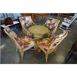 RATTAN BASE GLASS TOP DINING TABLE W/ 4 CHAIRS