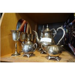 SILVER PLATE TEA AND COFFEE POTS AND GOBLETS
