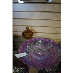 YELLOW GLASS DISH, SILVER OVER LAY DISH, AND PURPLE PLATTER AND COLLECTOR PLATE