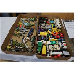 2 TRAYS OF TOY CARS, PLANES, HELICOPTERS ETC. TONKA, LESNEY, HOTWHEELS, DIE CAST