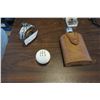 Image 1 : VINTAGE GLASS LEATHER BOUND FLASK, SMALL ROUND FLASK AND CUE BALL SHIFTER NOB