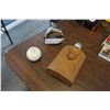 Image 2 : VINTAGE GLASS LEATHER BOUND FLASK, SMALL ROUND FLASK AND CUE BALL SHIFTER NOB