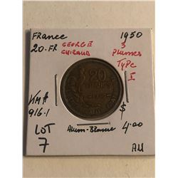 1950 France 20 Franc 3 Plumes Type 1 AU High Grade Grade KM 916.1