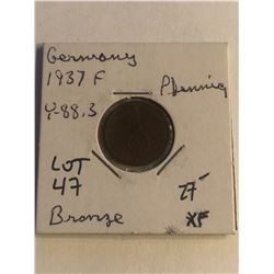 1937F German 1 Pfennig Extra Fine Nice Early Coin