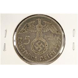 1934-J GERMAN SILVER 5 MARKS WITH SWASTIKA