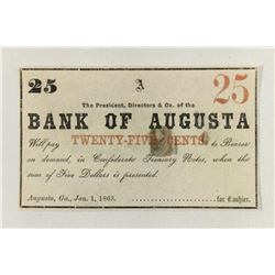 1863 BANK OF AUGUSTA 25 CENT OBSOLETE BANK NOTE