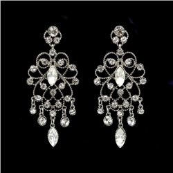 Rhodium Plated Clear Crystal Pearl Chandelier Drop Dangle Earrings