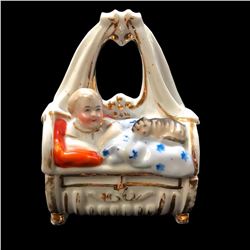 Late 19thc Victorian, German Conta Boheme,Child & Cat Fairing Trinket Box