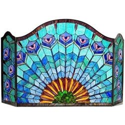 Tiffany-glass Peacock Feather 3pcs Folding Fireplace Screen 48" Wide