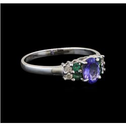 14KT White Gold 0.59 ctw Tanzanite, Emerald and Diamond Ring