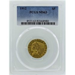 1912 $5 Indian Head Half Eagle Gold Coin PCGS MS63