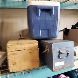 BEACH TOOL BOX AND WOOD TOOL BOX AND COLEMAN COOLER