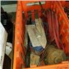 Image 2 : ORANGE CRATE OF TOOLS, BENCH GRINDER AIR HOSE, CRATE OF HILTI ADHESIVE, AND SHOP SUPPLIES